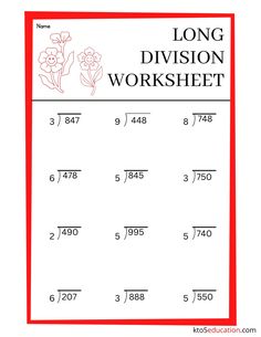 the long division worksheet is shown in red