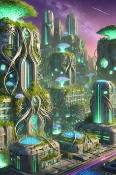 a futuristic city surrounded by trees and plants