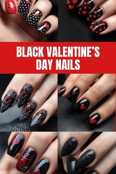 Black Nails With Hearts Art Designs, Simple Black Valentines Nails, Black With Heart Nails, Pink And Black Nails Valentines, Red And Black Nails Rose, Black Floral Nail Art, Anatomical Heart Nail Art, Black And Purple Valentines Day Nails, Nail Designs On Black Nails