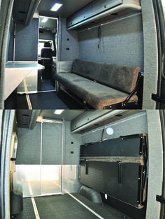 the inside of an rv with bunk beds