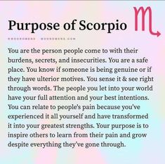 a poem written in pink and blue with the words purpose of scorpio on it