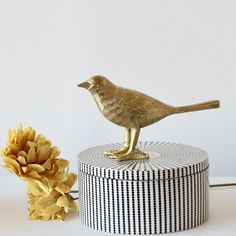 a gold bird sitting on top of a black and white box next to a yellow flower