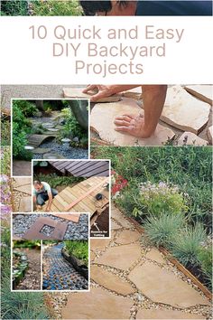 the cover of an easy diy backyard project with pictures of various plants and rocks