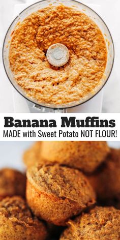 an image of some food that is being made in a blender with the words 5 minute paleo banana muffins