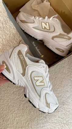 N Balance Shoes, Gold New Balance, Pretty Sneakers, Trendy Shoes Sneakers, Pretty Shoes Sneakers, Shoes Outfit Fashion, Cute Nike Shoes, Fresh Shoes, Cute Sneakers