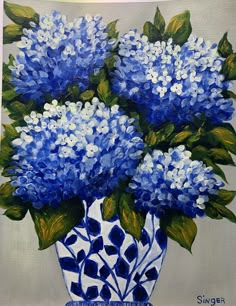 a painting of blue hydrangeas in a white and blue vase on a gray background