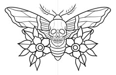 a skull with wings and flowers on it's head, in black and white