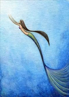 a painting of a mermaid with long hair floating in the air and her tail curled up