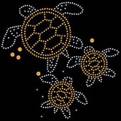 three bees in the air with dots and circles around them on a black background,