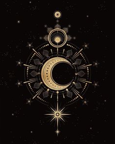 the moon is surrounded by stars and celestial symbols on a black background with gold foil