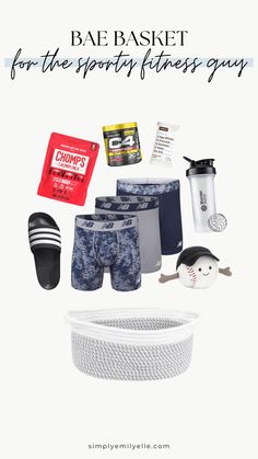 the contents of a basket for the sporty fitness guy are shown in this advertisement