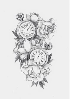 a drawing of roses and clocks on a white background