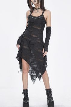 Fabric: Polyester83% Synthetic Leather8% Cotton9% Color: Black Sleeve Length: Sleeveless Feature: Lace, Irregular Style: Gothic Clothing Type: Dress+Arm Sleeves Include: Dress*1+Arm Sleeves*1(Any of the accessory is not included.) Size Length (in) Bust (in) Waist (in) XS 40.6 30.7 29.1 S 40.9 32.7 31.1 M 41.3 34.6 33.1 L 41.7 36.6 35 XL 42.1 38.6 37 2XL 42.5 40.6 39 3XL 42.9 42.5 40.9 Size Length (cm) Bust (cm) Waist (cm) XS 103 78 74 S 104 83 79 M 105 88 84 L 106 93 89 XL 107 98 94 2XL 108 103 99 3XL 109 108 104 Style Gothic, Gothic Clothing, Arm Sleeves, Gothic Outfits, Arm Sleeve, Black Sleeveless, Strap Dress, Xl Dress, Dresses Xs