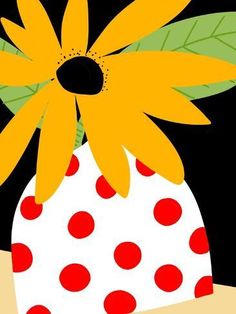 a painting of a yellow flower in a polka dot vase with green leaves and red dots