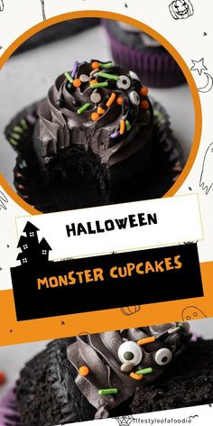 halloween cupcakes are decorated with sprinkles and eyes for the monster