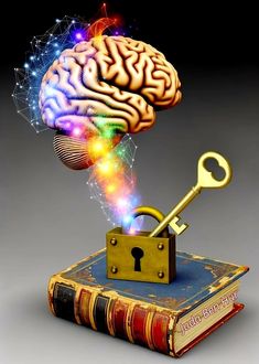 an open book with a golden key in it and a brain on top of it