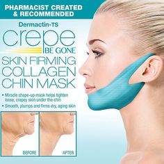 Help your neck shape up and reveal a more youthful appearance. This skin firming Crepe Ce Gone collagen mask set helps tighten age-related loose, crepey skin under the chin. Smooths, plumps and firms dry, aging, sagging neck skin. This easy-to-use mask loops over the ears to stay in place while it tightens neck skin. Pharmacist created and recommended, wear skin tightening treatment for 20-30 minutes to reveal a more youthful looking you. Set of 2 natural skin tightening masks. Sagging Neck Skin, Crepe Skin, Tighten Neck Skin, Natural Skin Tightening, Skin Tightening Mask, Sagging Neck, Skin Tightening Treatments, Wrinkle Remedies, Collagen Mask