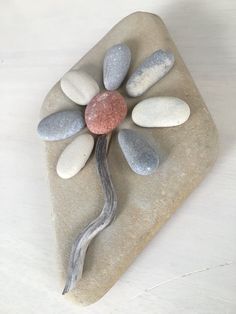 a rock with some stones and a flower on it