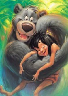 a painting of a woman hugging a bear in the jungle with bamboo trees behind her