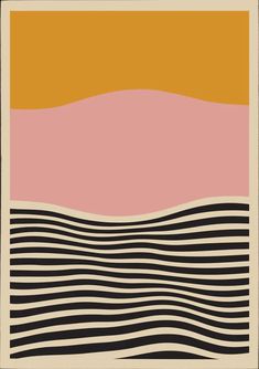 an orange, pink and black abstract painting with wavy lines on the bottom half of it