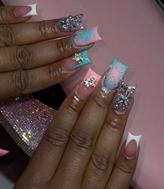 Blue Birthday Nails, Nails Pink And Blue, Blue And Pink Nails, Pink And Blue Nails, Burgundy Acrylic Nails, Royal Blue Nails, Luminous Nails, Acrylic Nail Set, Long Acrylic Nail Designs