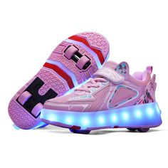 a pair of pink shoes with blue lights on them