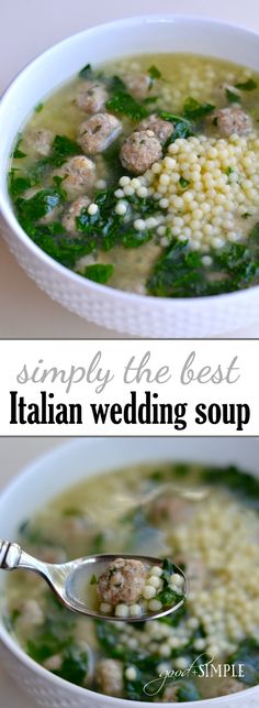 two pictures show the same soup in different bowls, one with meatballs and spinach