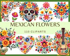 mexican flowers cliparts with guitar and flower arrangement in the background for commercial use