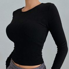 Black Long Sleeve Crop Top Black Full Sleeve Crop Top, Black Solid Color Top For Night Out, Black Winter Tops For Everyday Wear, Basic Black Solid Color Top, Black Everyday Winter Top, Winter Black Tops For Everyday, Black Stretch Top For Everyday Wear, Everyday Black Stretch Top, Black Stretch Top For Everyday