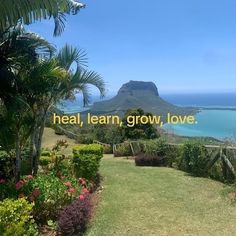 the words heal, learn, grow, love are displayed in front of an ocean view