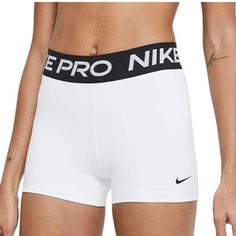 Nike Pro Women's Shorts 3" White Black New Size:M-L White Short Length Sportswear Bottoms, White Short Sportswear Bottoms, Nike White Athleisure Shorts, White Short Length Sports Bottoms, White Sports Bottoms Short Length, Nike White Athletic Shorts, White Athletic Sportswear Shorts, Nike White Activewear With Built-in Shorts, Sporty White Training Shorts