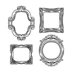 four different frames with ornate designs on the front and back, hand drawn in black ink