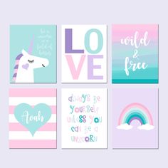 four unicorn wall art prints in pastel pink, blue and green with the words love