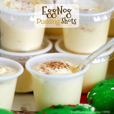 eggnog pudding shots in plastic cups with spoons