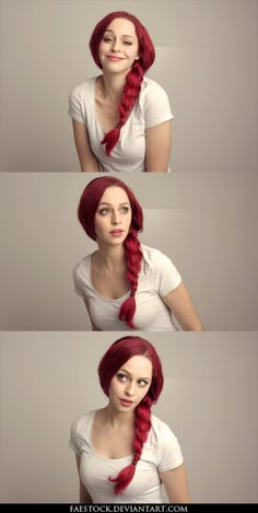 three different pictures of a woman with red hair and braids in her hair,