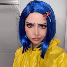 @Ivylfox Womens Coraline Costume, Coraline Dress Up, Blue Haired Costume Ideas, Cute Disney Halloween Costumes For Women, Coralina And Wybie Costume, Coralina Halloween Costume, Artistic Makeup Ideas Halloween, Halloween Makeup Coraline, Caroline Makeup Halloween