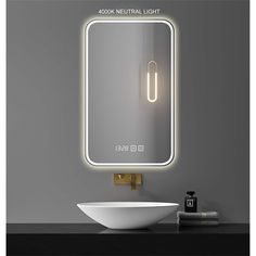 a bathroom sink sitting under a lighted mirror