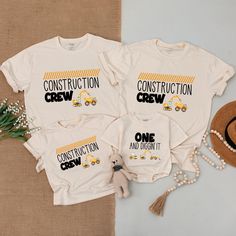 three t - shirts that say construction crew and one with a teddy bear on it