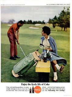 a woman sitting on top of a yellow bench next to a green golf bag and a man standing behind her