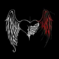 two black and white wings in the shape of a heart with red streaks on it