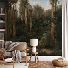 a living room with a large painting on the wall