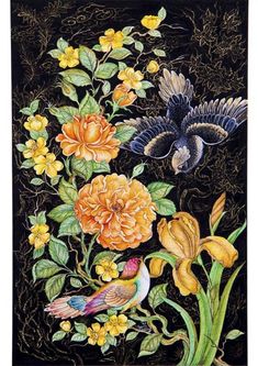 a painting of flowers and birds on a black background