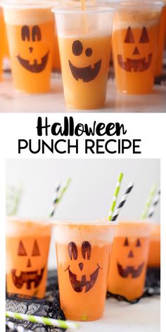 halloween punch recipe with pumpkin faces on the cups