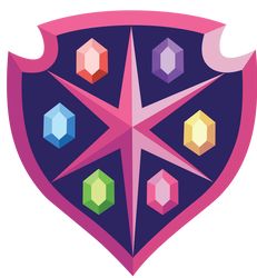 a purple and pink shield with six colorful hexagons in the center on it