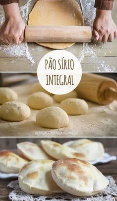 the process of making bread is shown in three different stages, including dough being rolled and uncooked