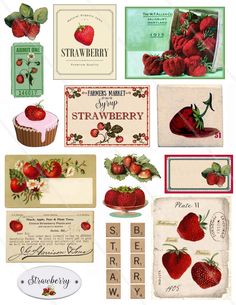 strawberry themed stickers and tags are shown in this image, with the words strawberries on