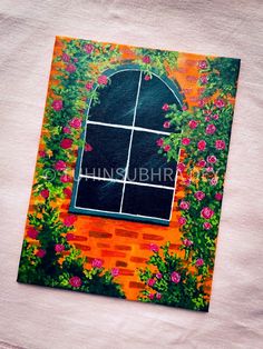 a painting of an open window surrounded by flowers