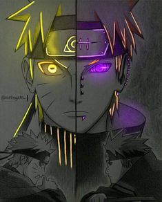 an anime character with yellow eyes and purple hair is shown in two separate images, one has