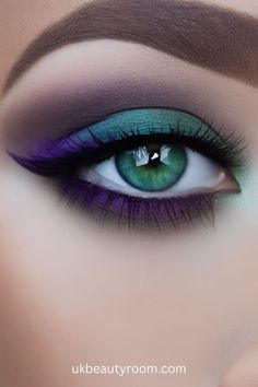 Teal And Purple Eyeshadow Looks, Peacock Eye Makeup Tutorial, Purple And Teal Eyeshadow, Green Purple Eye Makeup, Swirl Eye Makeup, Wicked Makeup Elphaba, Fall Makeup Looks For Green Eyes, Wicked Makeup Looks, Green And Purple Eye Makeup