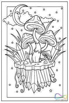 a coloring page with mushrooms and stars in the sky, on top of a table